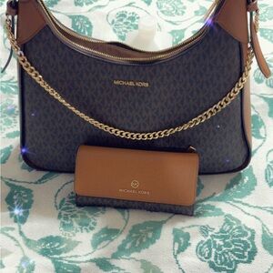 Michael Kors Black and Brown Shoulder Bag with Gold Chain